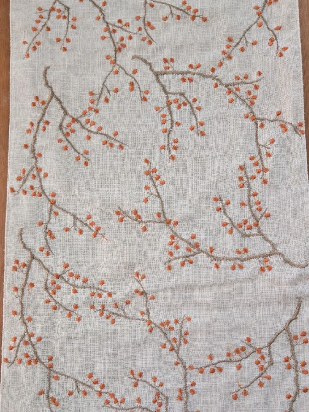 Fall Cream Embroidered Berry Branch Table Runner - 13